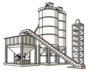 Vector illustration of a cement manufacturing plant with silos and conveyor belts, isolated on white background.
