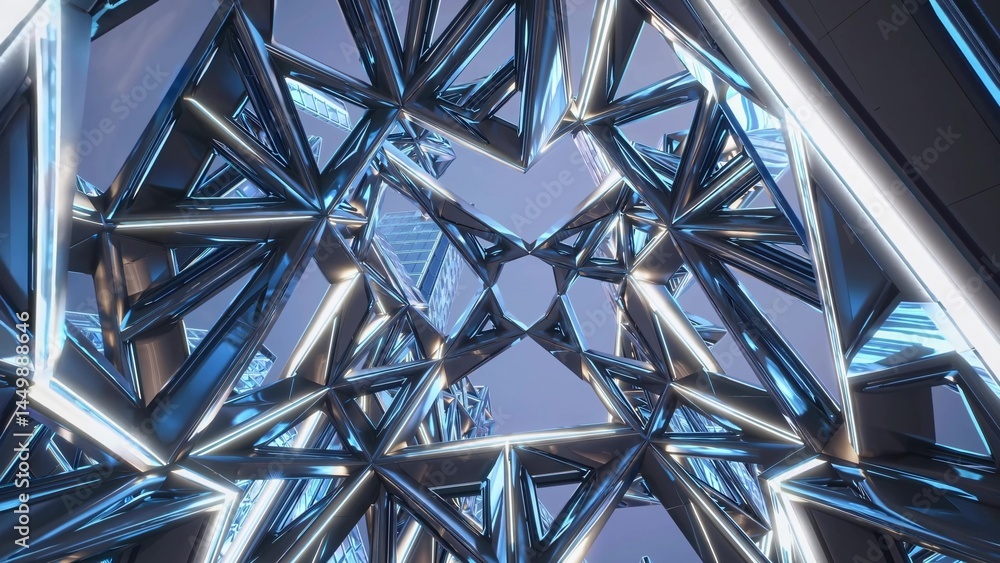 Poster complex metallic structure with triangular shapes and glowing edges creates a futuristic and abstrac
