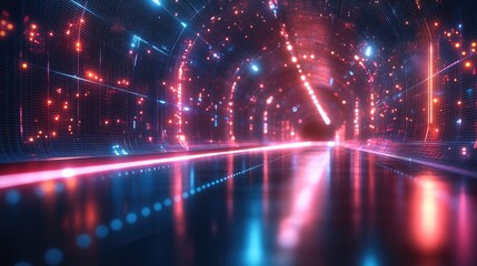 Obraz premium A mesmerizing digital tunnel illuminated by vibrant lights and reflections, creating a futuristic atmosphere for immersive experiences