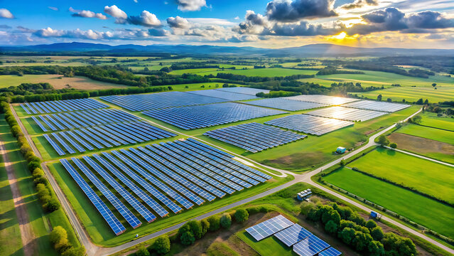 Aerial view of solar energy farm for sustainable renewable power and eco development