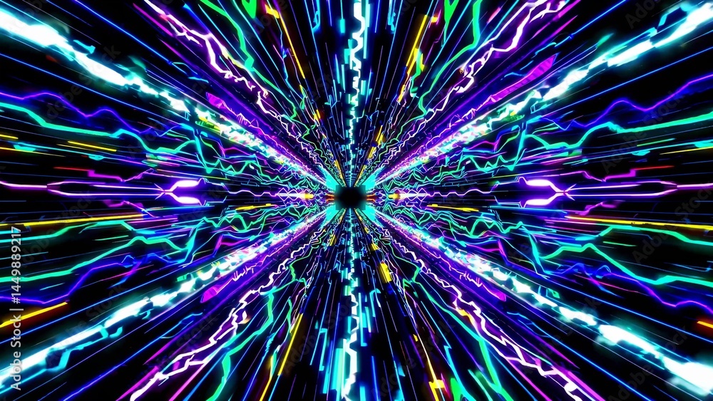Poster bright multicolored neon lights streak and pulse through a digital tunnel, creating a vibrant and en