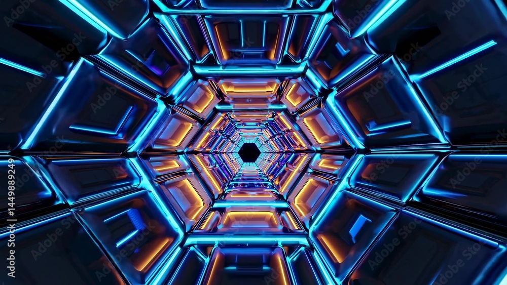 Poster futuristic hexagonal tunnel glowing with blue and orange neon lights creating a mesmerizing and endl
