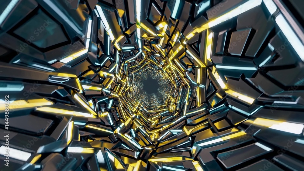 Poster glowing yellow and blue lights illuminate a futuristic metallic tunnel, creating a mesmerizing visua