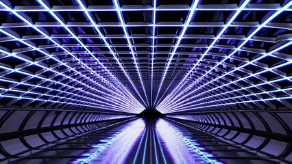 Glowing neon grid ceiling illuminating a futuristic tunnel, reflecting vibrant colors on a shiny floor, creating a mesmerizing perspective in a dark, abstract space