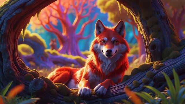 A red wolf reclining near a log