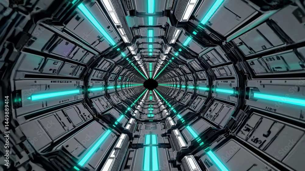 Poster futuristic metallic corridor with glowing turquoise lights extending towards a dark void, creating a