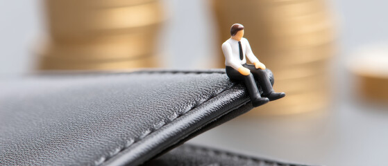Small figure sitting empty wallet symbolizes financial struggles and challenges. scene evokes feelings of concern and reflection money management