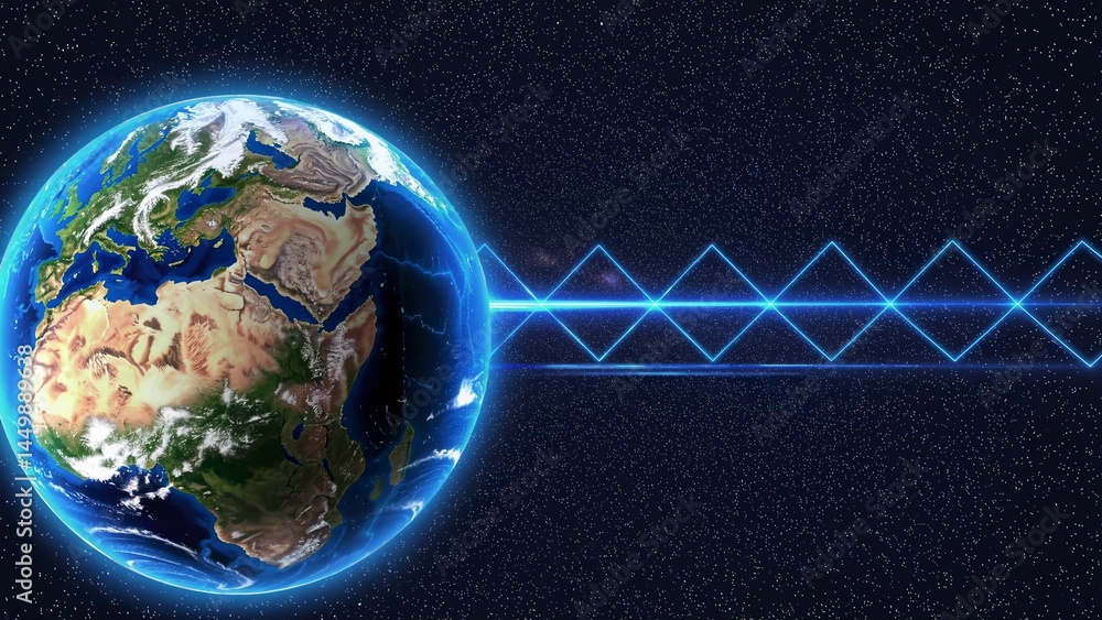 Poster planet earth is sending a futuristic blue laser beam signal into deep space with visible europe and 