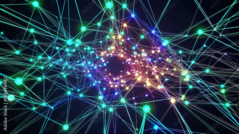 Poster colorful plexus geometric form with connected lines and dots forming a complex mesh or network, symb