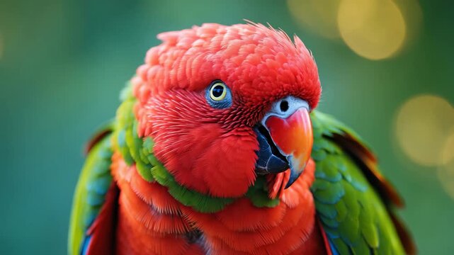 Close portrait of a chatty lorikeet, observing downwards with a setting behind.