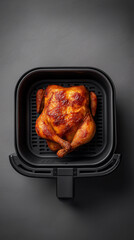 Cooked spicy whole roast chicken air fryer easy recipe golden crispy skin poultry dinner meal healthy rotisserie kitchen flatlay food content influencer family marketing modern copy space backdrop ad 