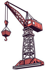 Vector of a large industrial crane lifting heavy materials, isolated on white background.
