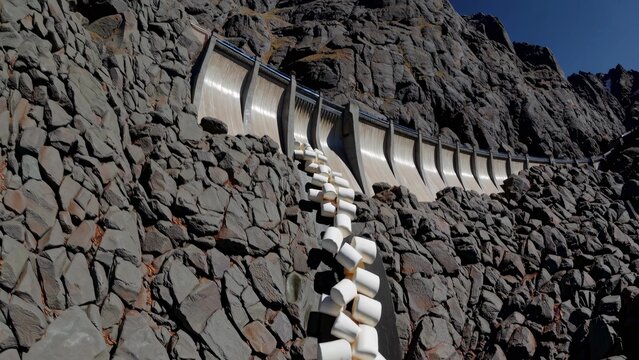 Water flowing down the spillway of a concrete arch dam with dolosse blocks dissipating the energy of the water, preventing erosion of the riverbed