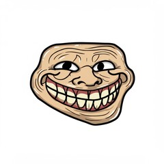 Cartoon image of a troll face with a mischievous grin on a white background isolated in the center