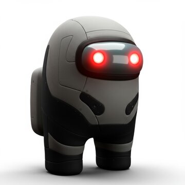 Close up of a gray and black among us character with glowing red eyes on a white background