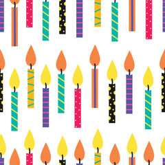 Birthday cake candles with fire flame. Small wax sticks with burning wick isolated on white background. Seamless pattern of candles for holiday party.