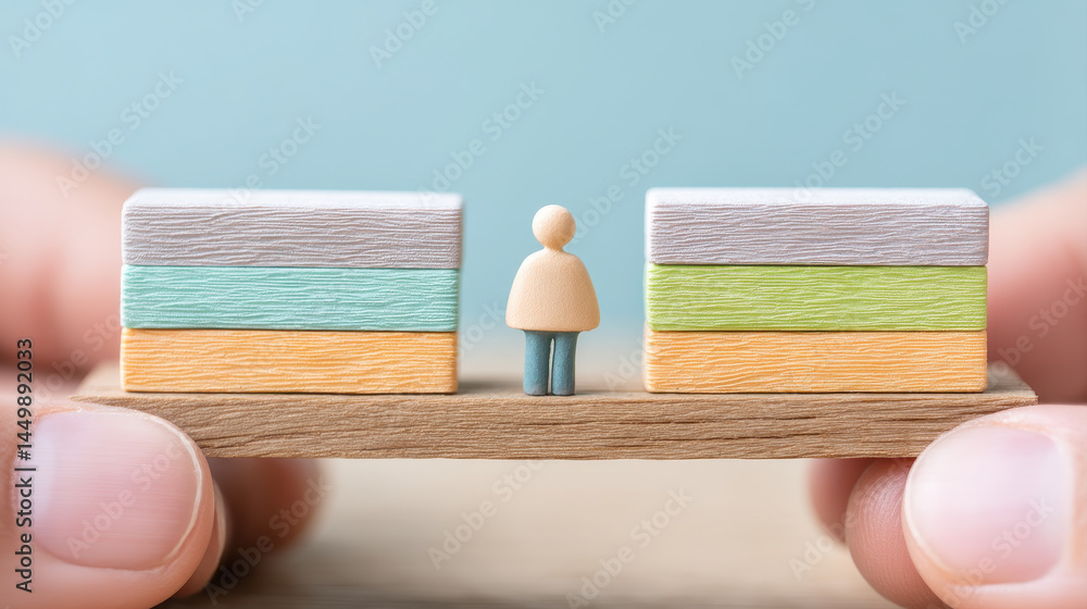 Poster tiny figure stands between two stacks of colorful blocks, symbolizing choice and balance. evokes sen
