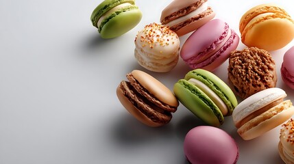 Obraz premium Airy macaron flatlay in a clean dessert studio pastel french sweets aesthetic on a white food backdrop