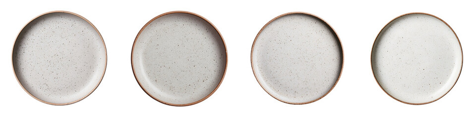Stack of simple, white ceramic plates on a neutral background.