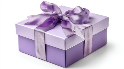 Fototapeta premium Rectangular pastel lilac gift box wrapped in a silky bow, isolated on clean white background, soft shadows and gentle tones