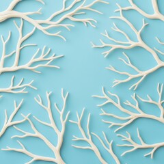 Pastel Blue Background with White Tree Branches Frame, Nature ,Minimalism