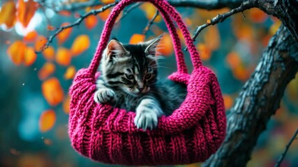 Lovely kitten at ease in a knitted handbag dangling from a tree