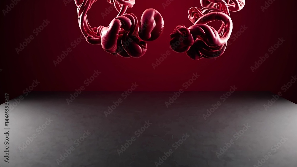 Poster two red abstract shapes twisting and floating above a gray surface, set against a vibrant red backgr
