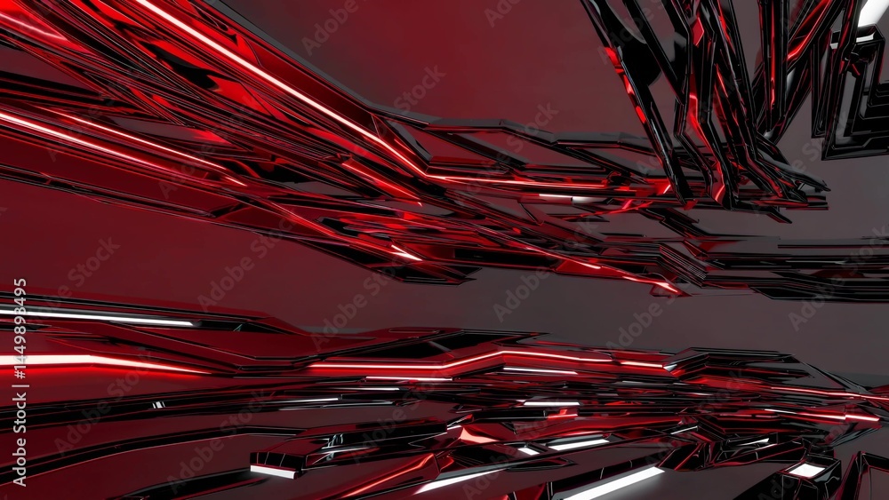 Aufkleber metallic red and black panels creating an abstract structure with reflective surfaces and glowing ne