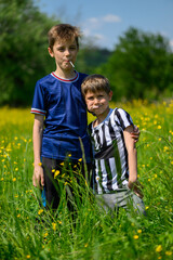 Brothers is posing in Field with Meadow Buttercup (Ranunculus acris).