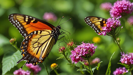 Obraz premium orange and black butterfly resting in the flower garden, Generative AI