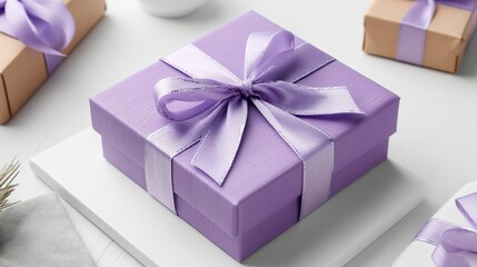 Obraz premium Wrapped gift box in lilac tones, with a centered bow and clean lines, resting on a white background in a minimalist composition