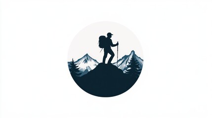 Hiker silhouette on mountain peak, nature scene, logo potential