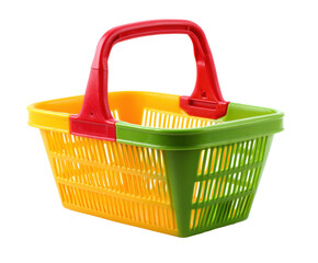 Fototapeta premium Colorful plastic shopping basket for grocery shopping and storage on a transparent background, cut out