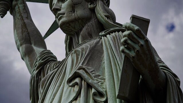 Close-up view of the statue of liberty, highlighting the weathered and cracked surface of the copper, raising concerns about its condition and preservation - Powered by Adobe