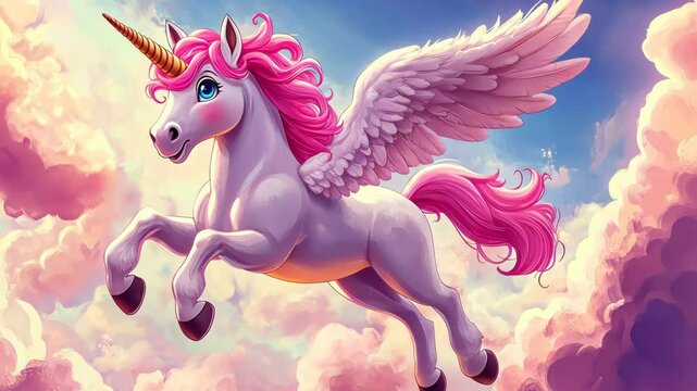 Adorable winged unicorn soaring through clouds