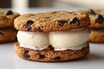 Fototapeta premium Delicious chocolate chip cookie ice cream sandwich on a sunny day
