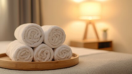 National relaxation day with wellness and spa idea. Soft towels arranged on a tray in a cozy room setting.