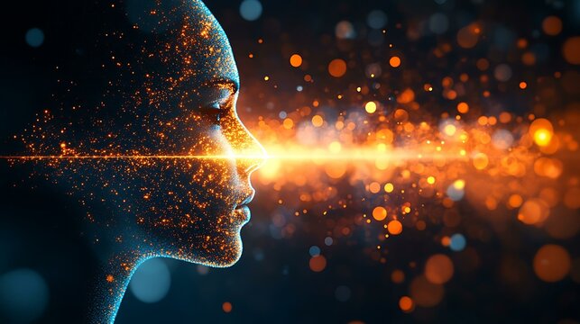 Abstract glowing head with a beam of light zeroing in on a single point, background of blurred distractions and noise Focus and Productivity Digital Minimalism and Distraction-Free Flow 
