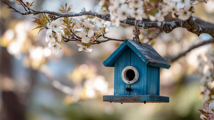 A charming, teal-colored birdhouse hangs delicately from a branch of a blossoming tree, offering a whimsical glimpse into nature's serene beauty. 