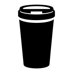 Silhouette of a disposable coffee cup with lid, black on white
