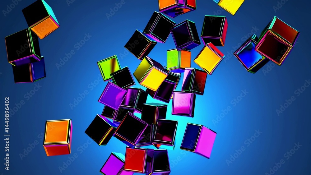 Poster vibrant, multicolored cubes floating against a deep blue backdrop create a dynamic, abstract composi