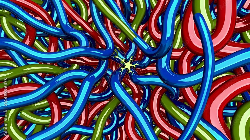 Poster shiny, colorful cables intertwining and converging toward a central light source create a visually c