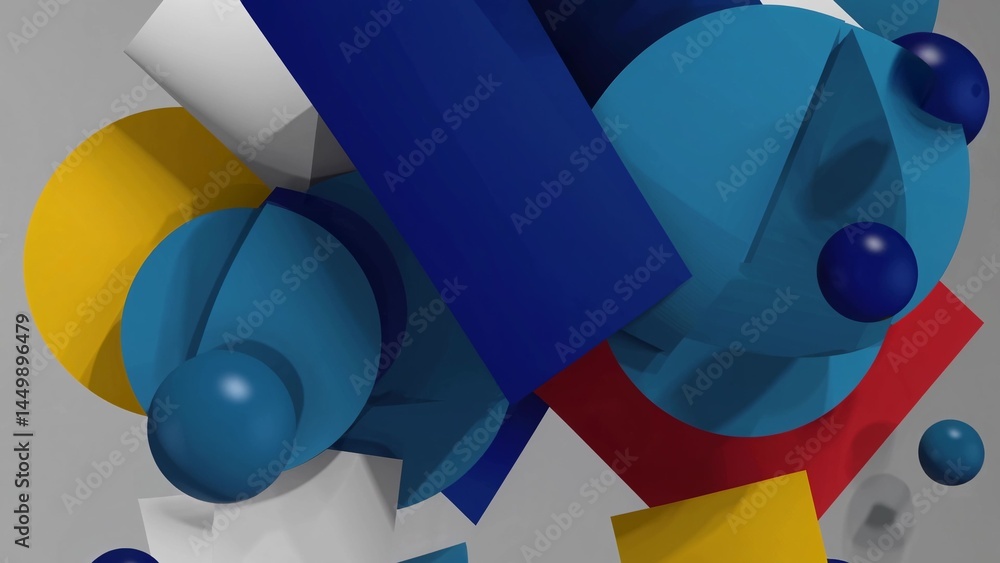 Poster geometric shapes in vibrant colors and varying sizes float and interact, forming a dynamic and abstr