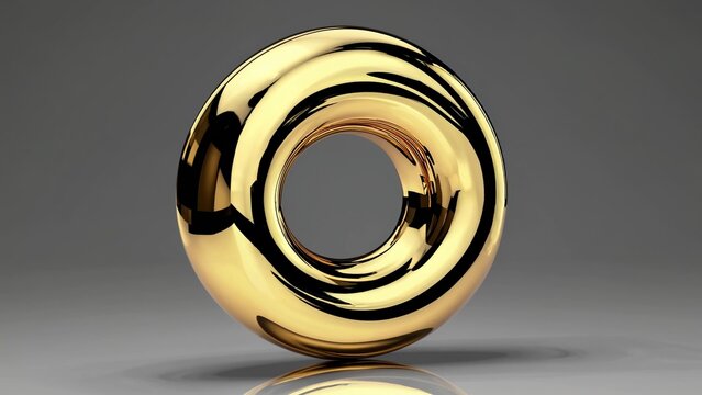 Shiny golden torus with a smooth, reflective surface, set against a neutral background. The metallic object showcases intricate reflections, emphasizing its artistic and modern design - Powered by Adobe