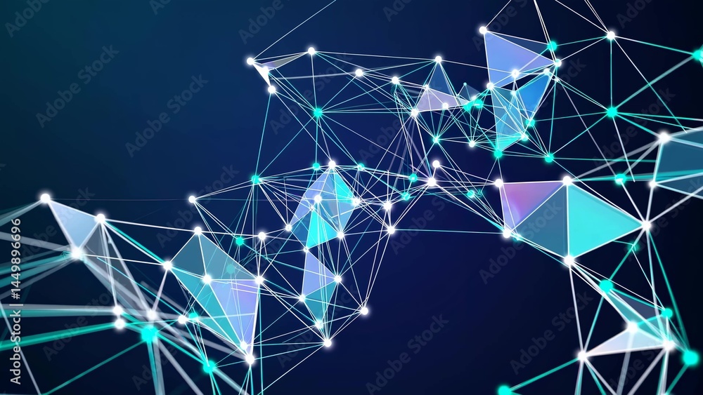  glowing interconnected lines and triangles create a complex plexus structure, forming a futuristic n