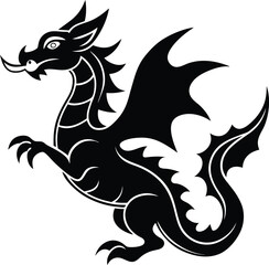 Detailed black dragon with sharp claws and flowing lines is poised to strike on transparent background