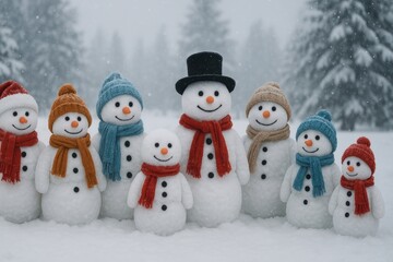 Cheerful snowmen family gathering