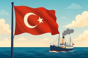 Commemoration of Ataturk, Youth and Sports Day poster in vector style with boat and waving turkish flag.