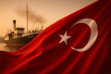Commemoration of Ataturk, Youth and Sports Day poster design with boat and waving turkish flag.