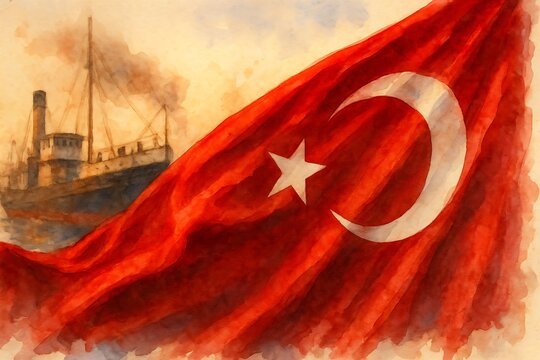 Commemoration of ataturk, youth and sports day watercolor poster with boat and turkish flag.